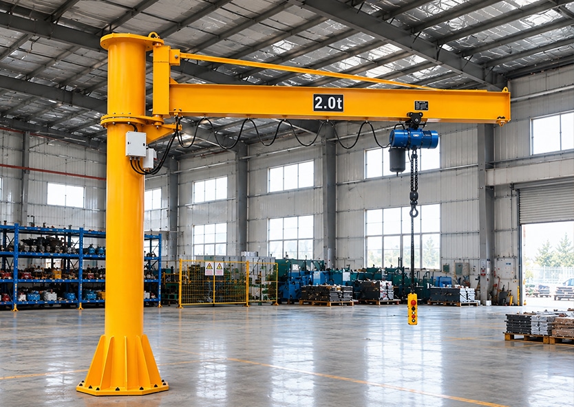 A floor-mounted jib crane designed for lifting and handling materials around a specific work area.