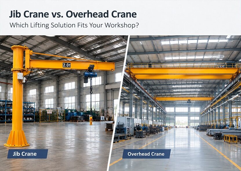 A side-by-side comparison of a jib crane and an overhead crane in industrial workshops.